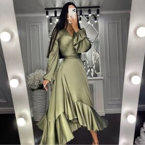 Olive Gren Wrap Dress with Bishop Sleeves